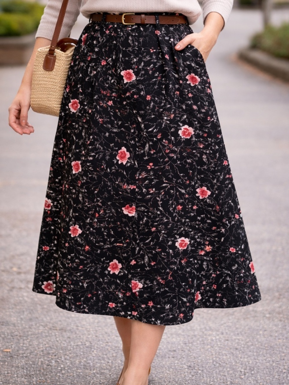 CARROLL REED | Vintage Black Floral Midi Skirt with Pink Roses